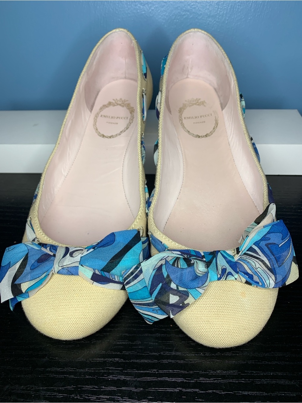 Emilio Pucci Yellow Canvas Flats with Blue Pattern Bow